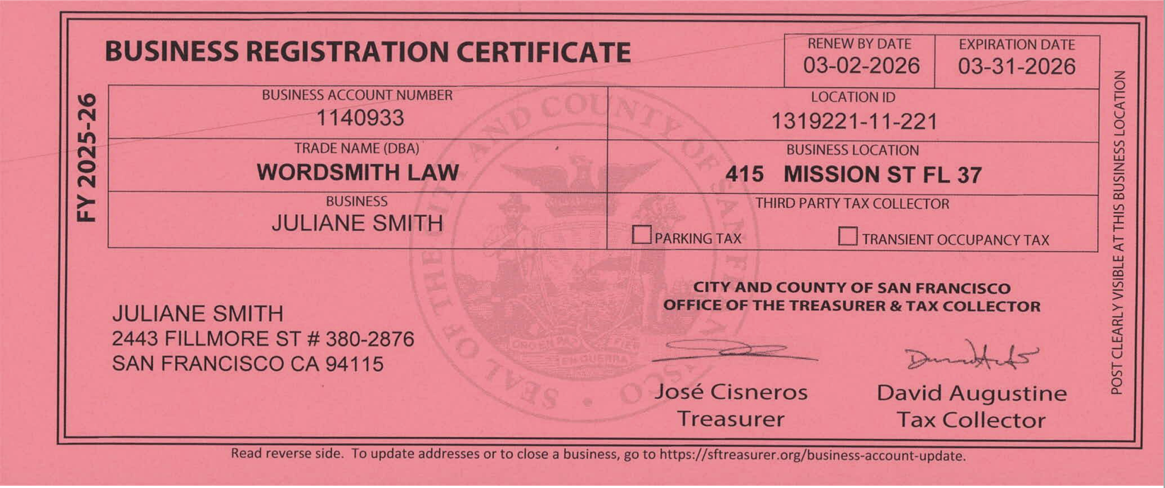 Business Certificate (City County of San Francisco, State of California, Country of United States of America